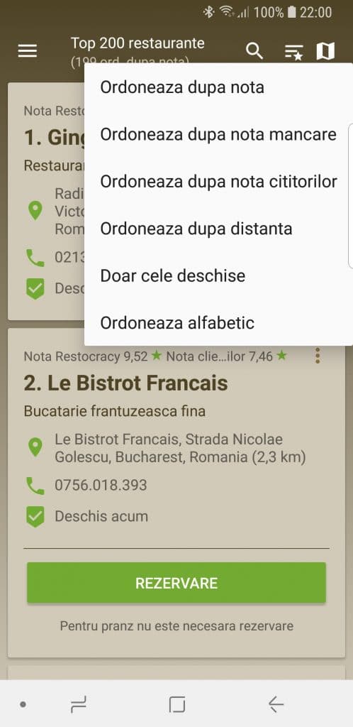 Restocracy Mobile - lista cu restaurante, ordonarea si rezervarile